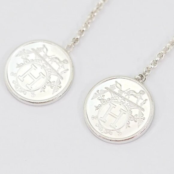 HERMES Ex-Libris Round Drop Stud Earrings Silver 925 & 18k Rose Gold Auth w/Box - Picture 6 of 11